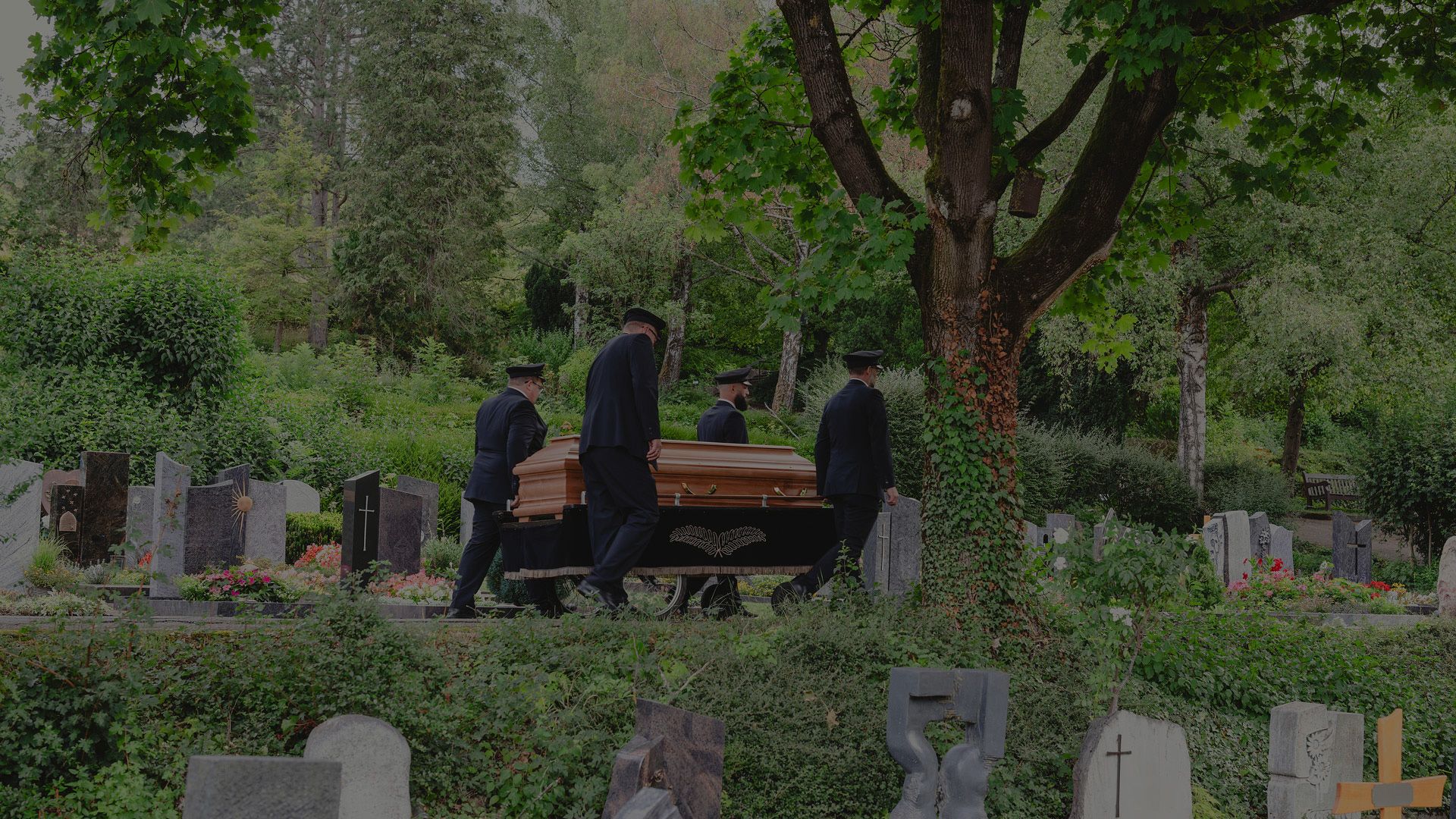 Vier würdevolle Sargträger in dunkler Bekleidung begleiten einen Holzsarg über einen friedlichen, grünen Friedhof in Schorndorf.